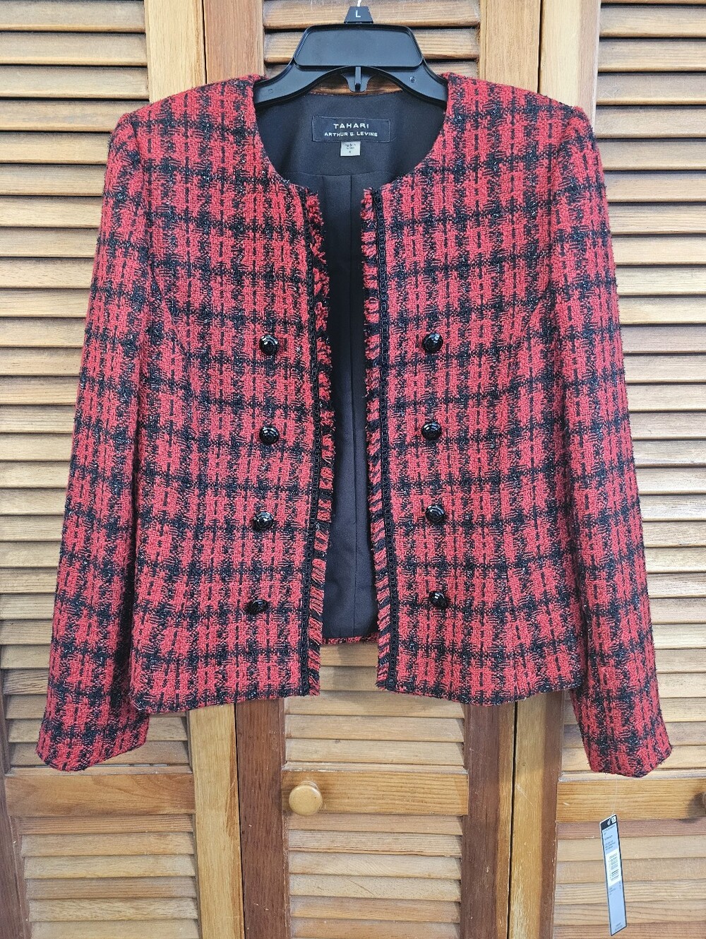 Tahari ASL Red and Black Tweed Double-Breasted Blazer
